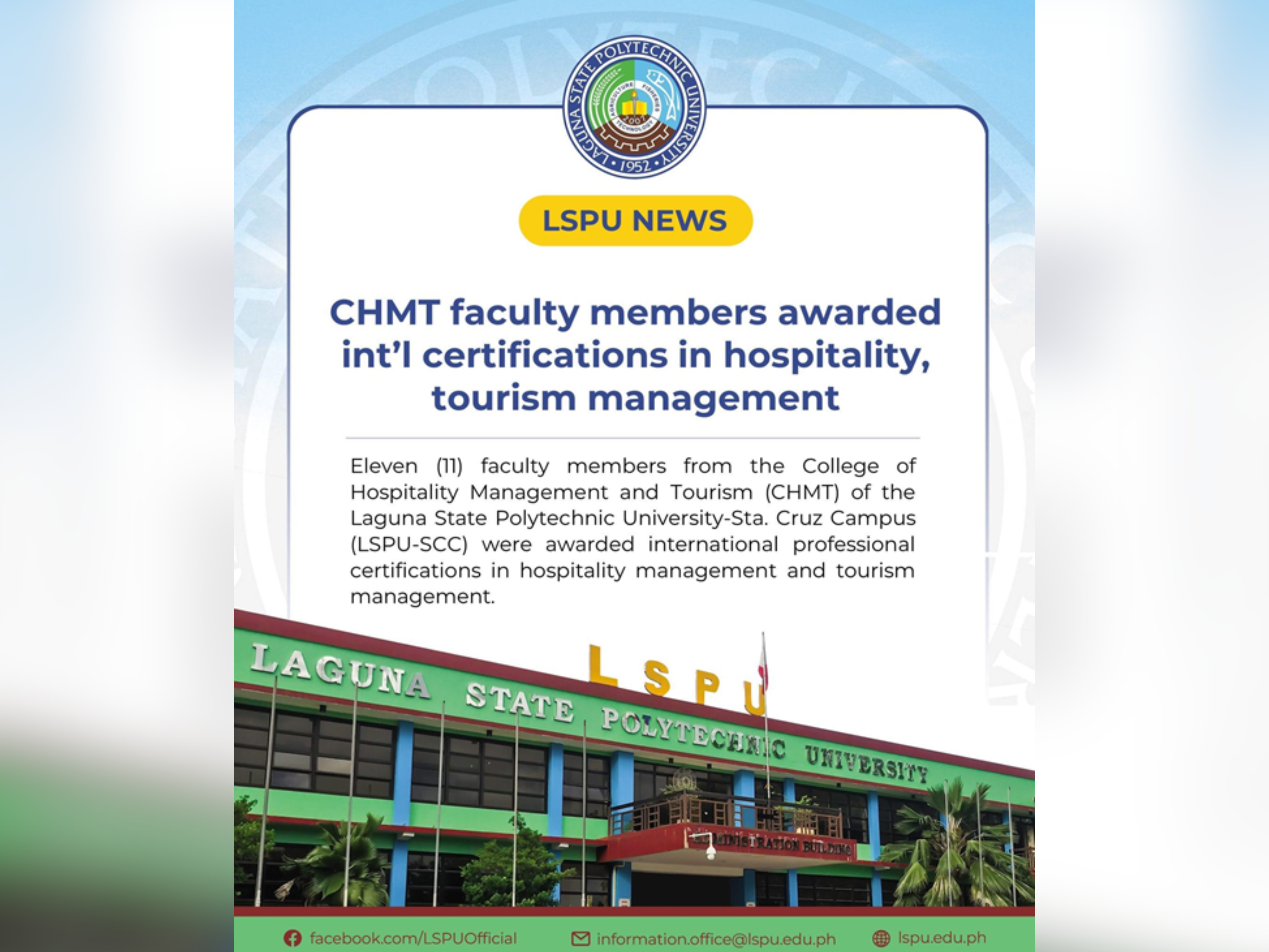 CHMT faculty members awarded int'l certifications in hospitality, tourism